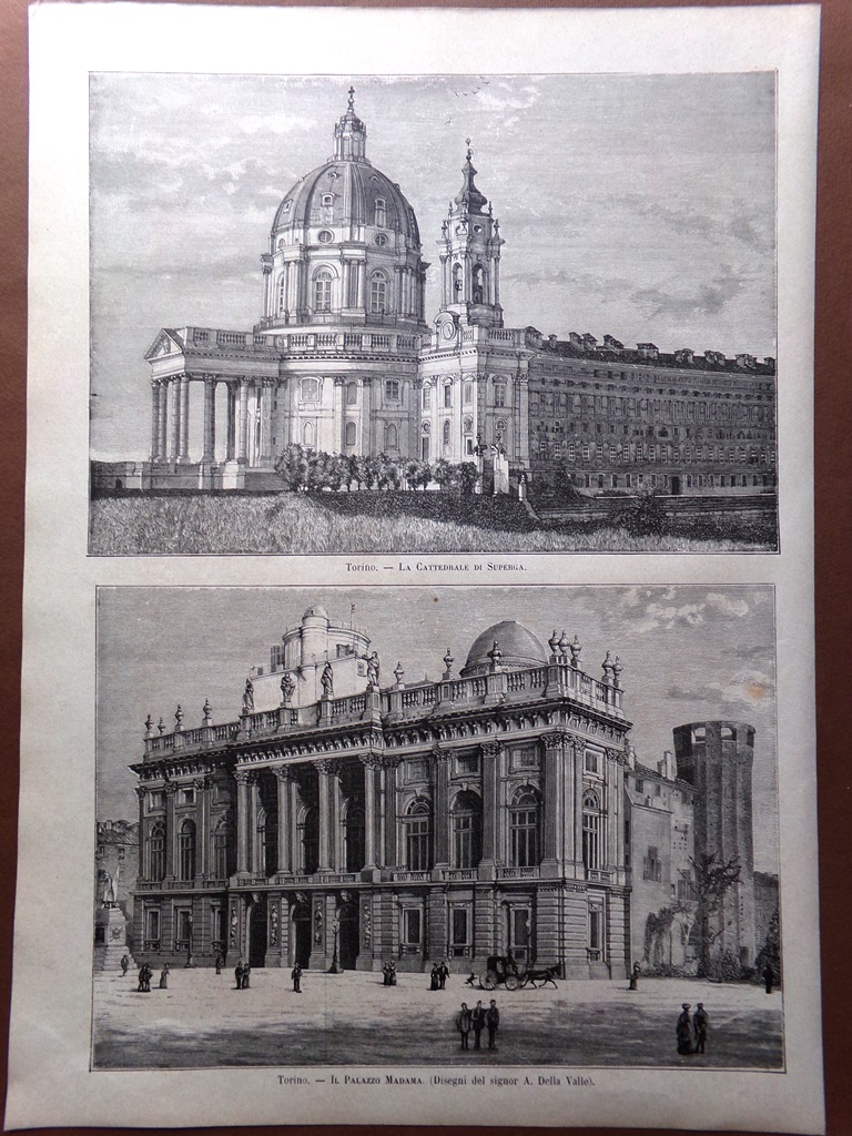 Stampa del 1884 Torino Cattedrale di Superga e Palazzo Madama