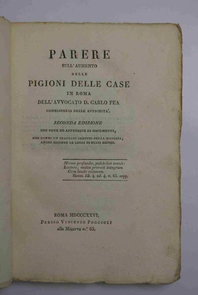 Parere sull'aumento delle pigioni delle case in Roma... Seconda edizione …