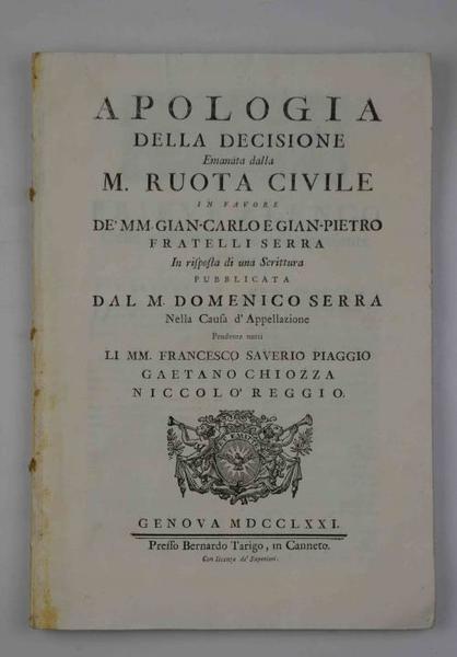 Apologia della decizione emanata dalla M. Ruota civile in favore …