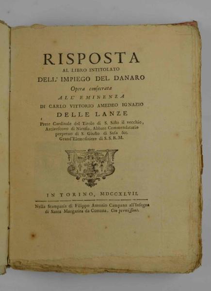 Risposta al libro intitolato Dell'impiego del danaro opera consecrata all'eminenza …
