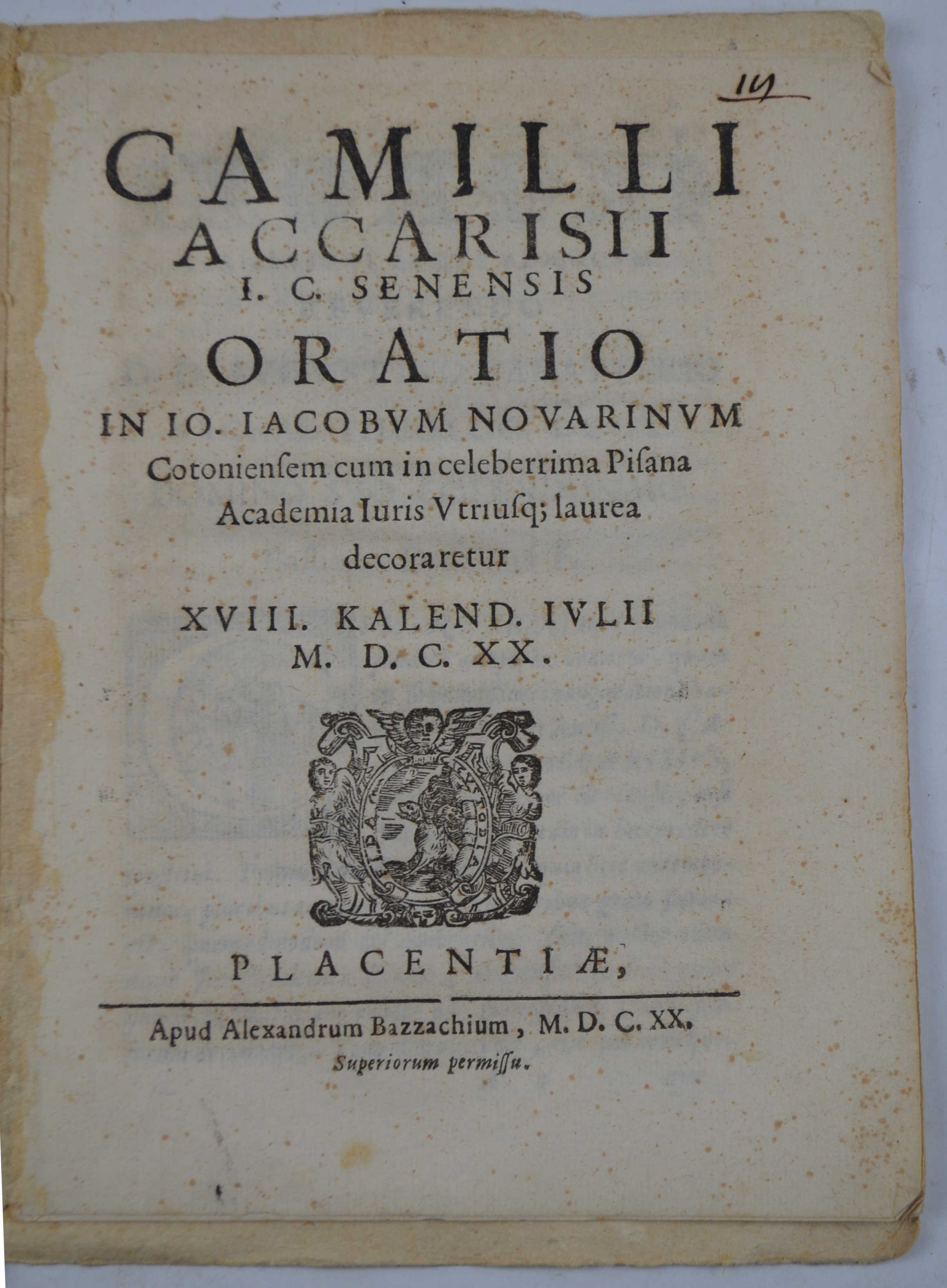 Oratio in Io. Iacobum Novarinum Cotoniensem cum in celeberrima Pisana …