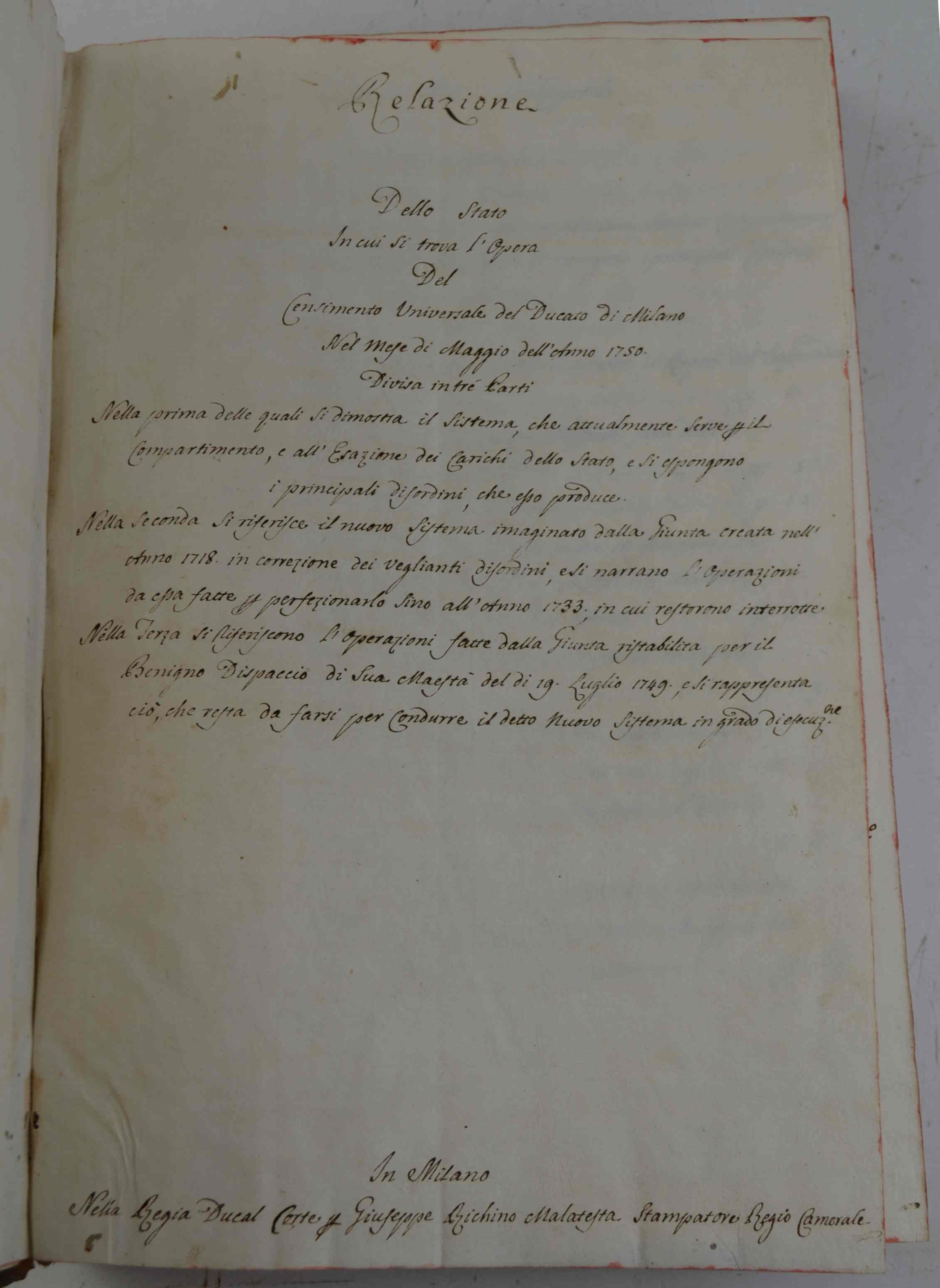 Relazione dello stato in cui si trova l'opera del censimento …