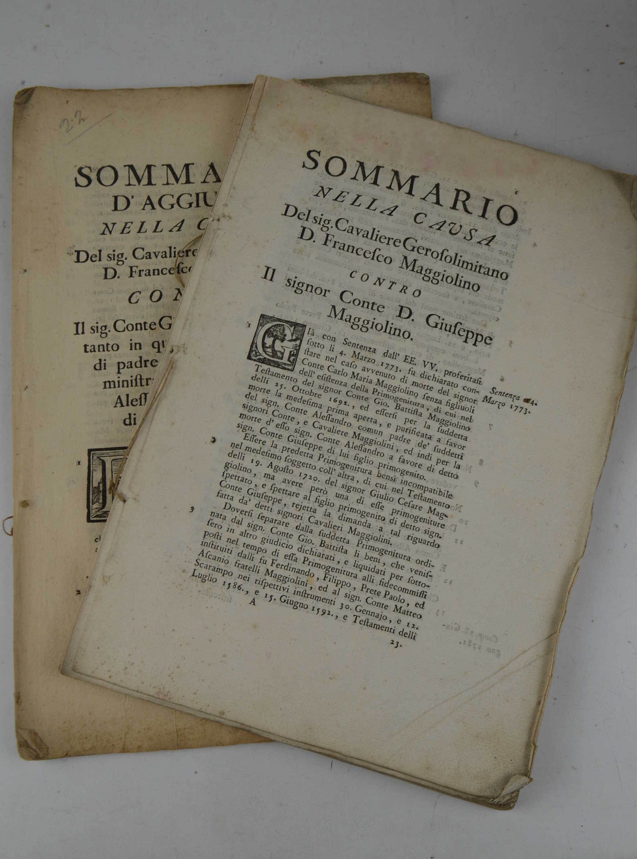 Sommario nella causa del sig. Cavaliere Gerolimitano D. Francesco Maggiolino …