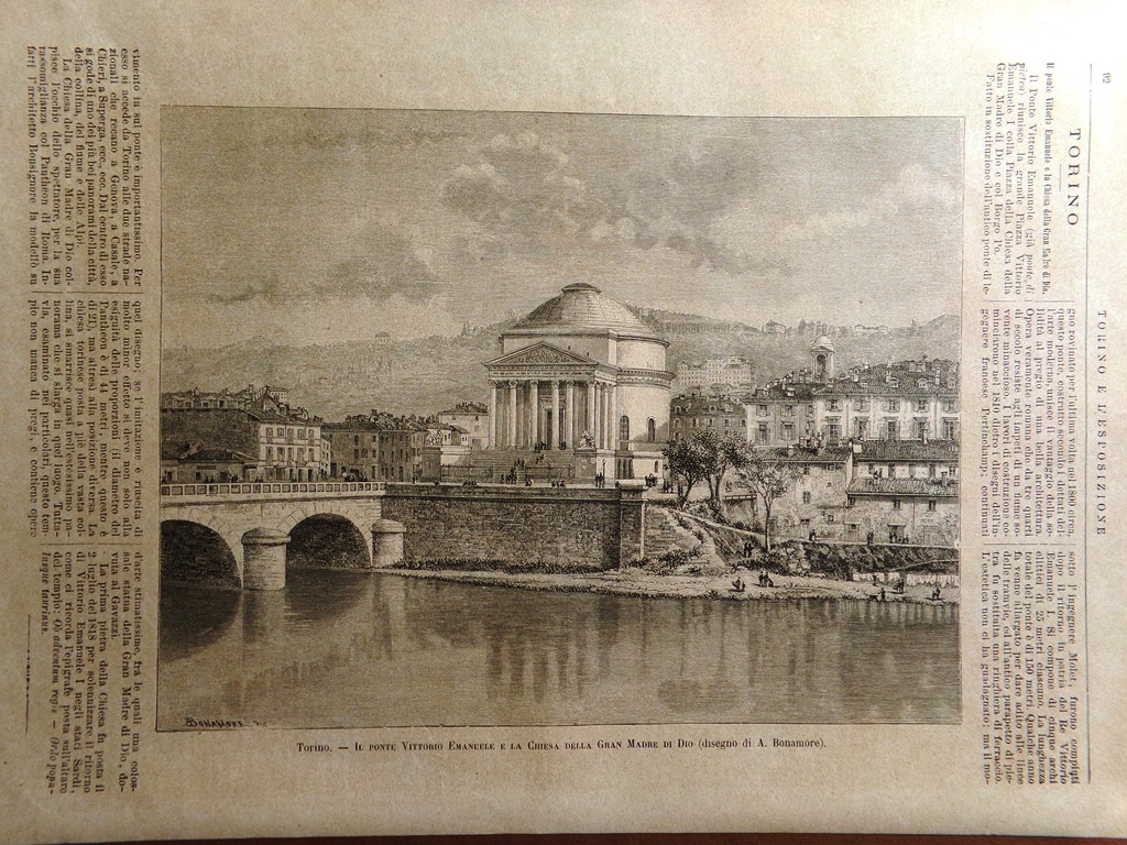 Stampa del 1884 Torino Ponte Vittorio Emanuele Chiesa Gran Madre …