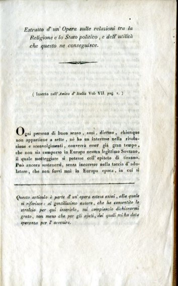 Estratto d'un Opera sulle relazioni tra la Religione e lo …