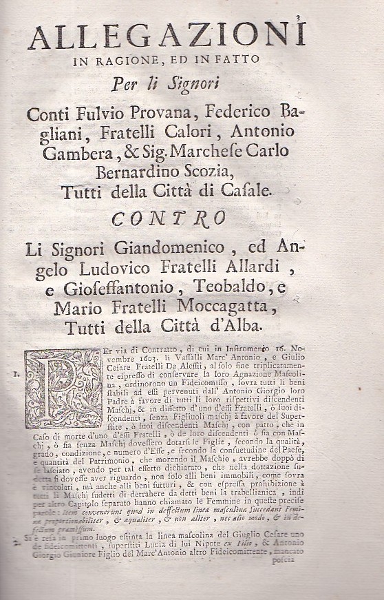 Allegazioni in ragione, ed in fatto per li Signori Conti …