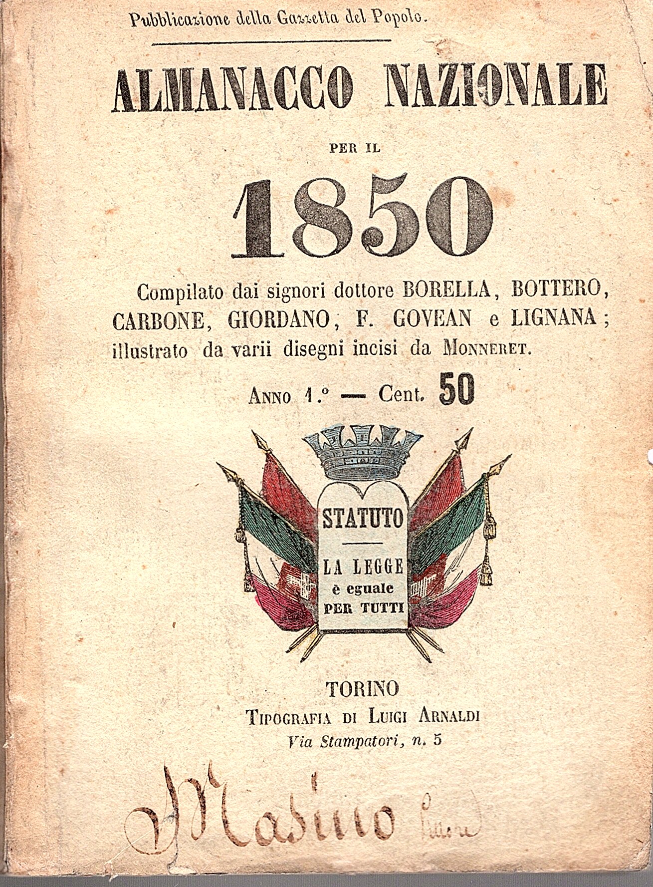 Almanacco Nazionale per il 1850. Pubblicazione della Gazzetta del Popolo. …