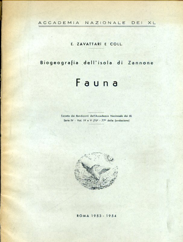 Biogeografia dell'isola di Zannone. Fauna. Estratto dai Rendiconti dell'Accademia Nazionale …