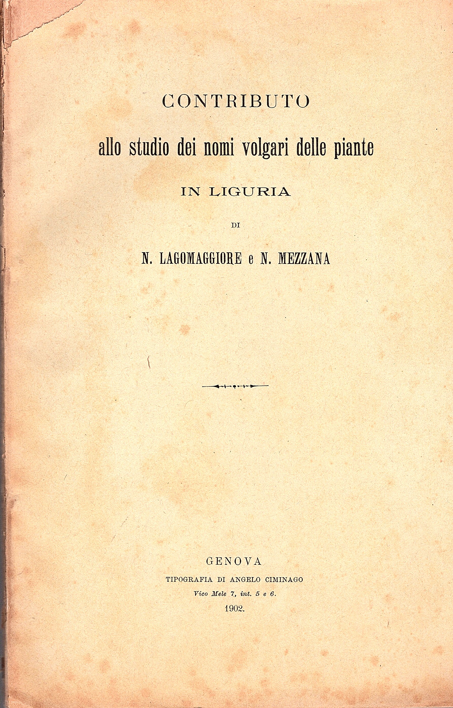 Contributo allo studio dei nomi volgari delle piante in Liguria