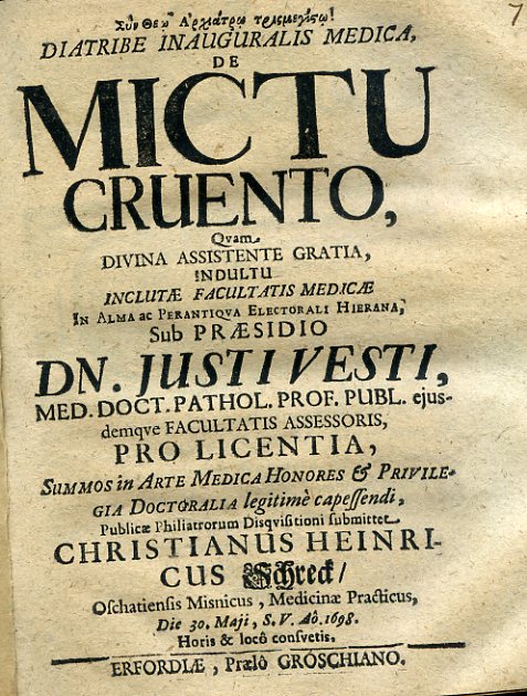 Diatribe Inauguralis Medica, de Mictu Cruento, quam Divina assistente Gratia, …