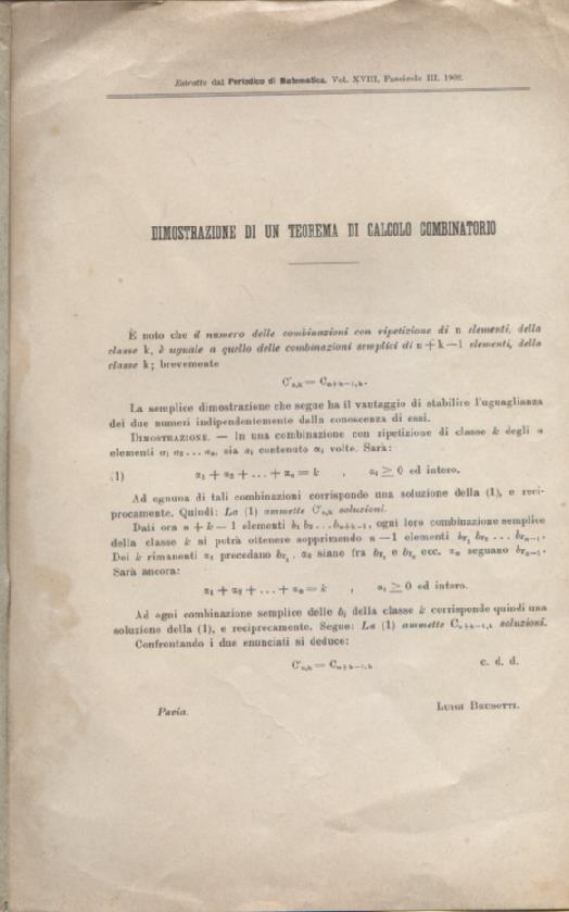 Dimostrazione di un teorema di calcolo combinatorio. Estratto dal Perodico …