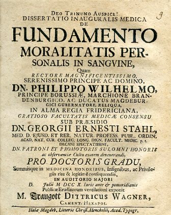 Dissertatio inauguralis medica de Fundamento Moralitatis Personalis in Sanguine. sub …