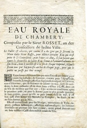 Eau Royale de Chambéry, composée par le Sieur Rosset, un …