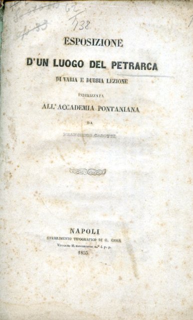 Esposizione d'un luogo del Petrarca di varia e dubbia lezione …