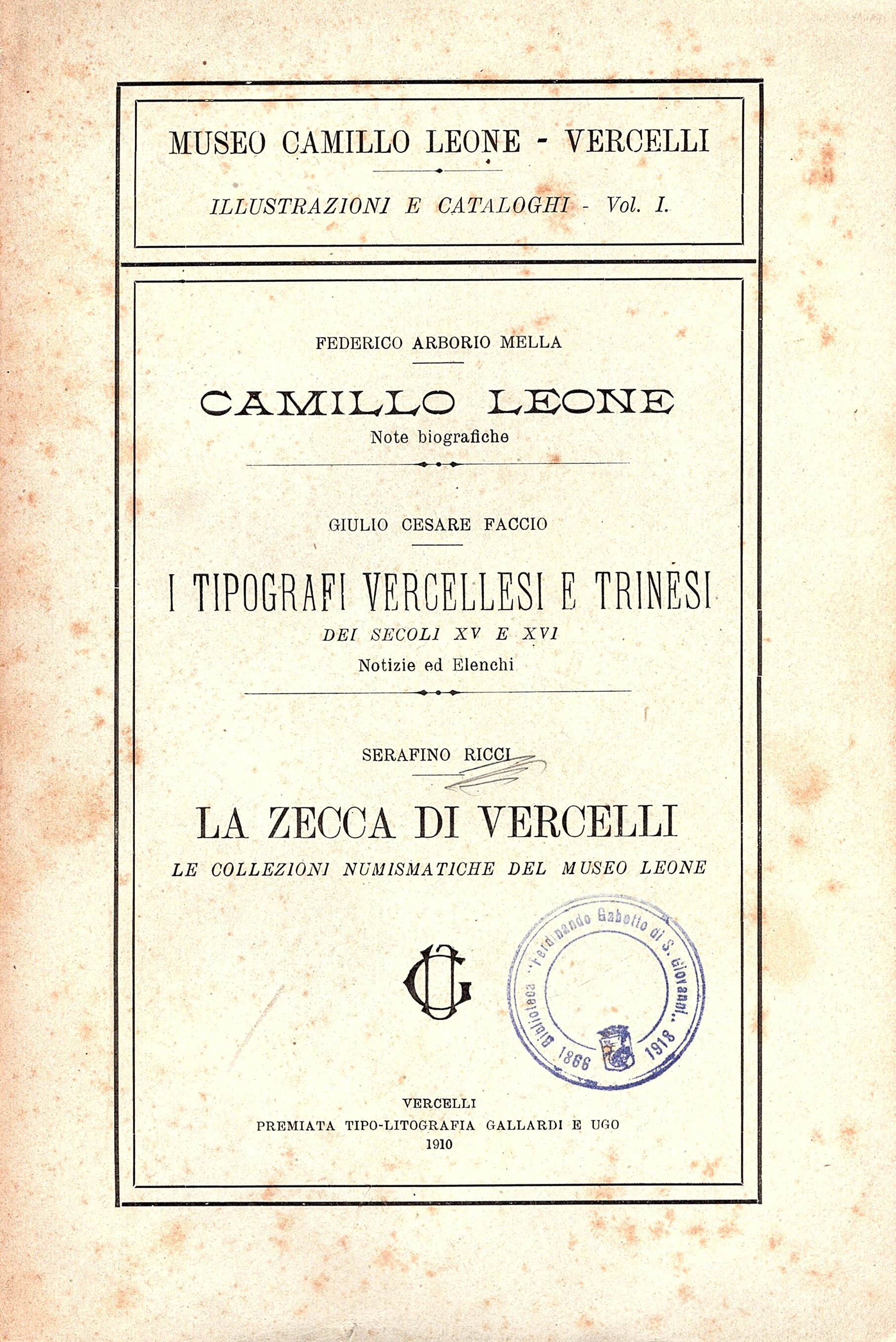 i) Camillo Leone. Note biografiche ii) I tipografi vercellesi e …