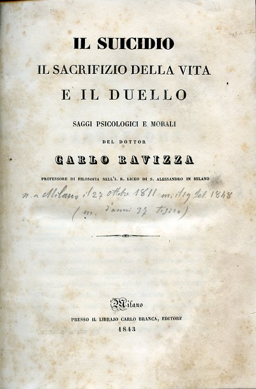 Il suicidio il sacrifizio della vita e il duello. Saggi …