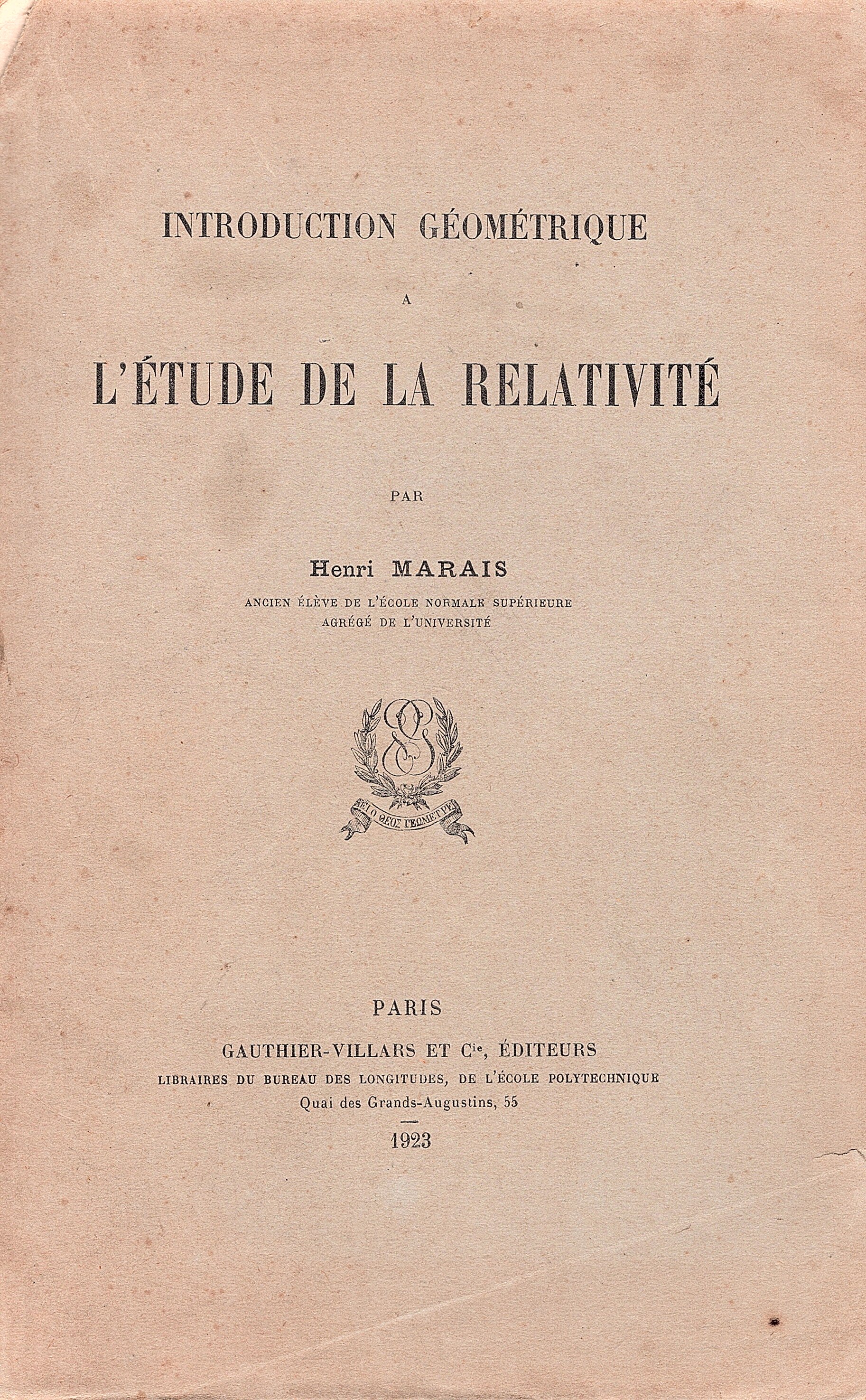 Introduction géometrique a l'étude de la relativité