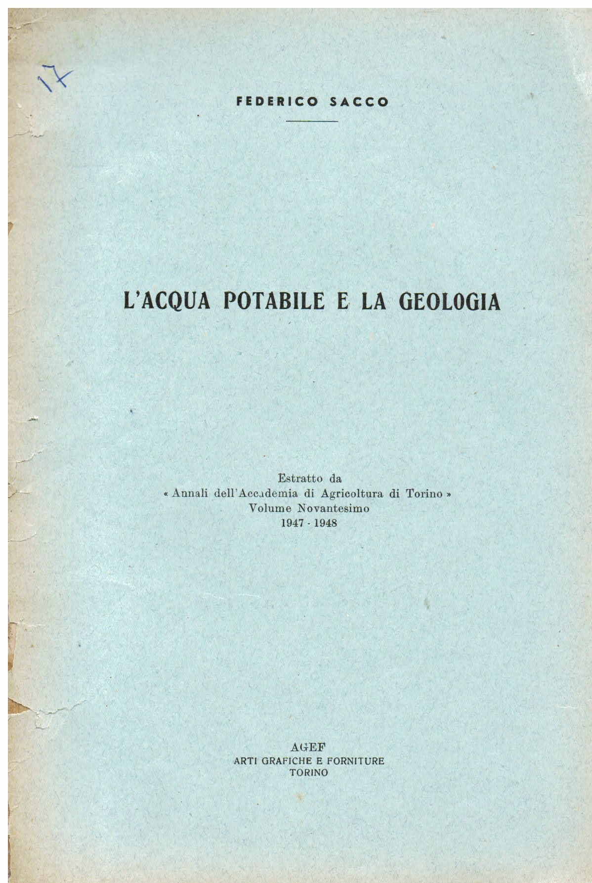 L'acqua potabile e la geologia. Estratto da 'Annali dell'Accademia di …