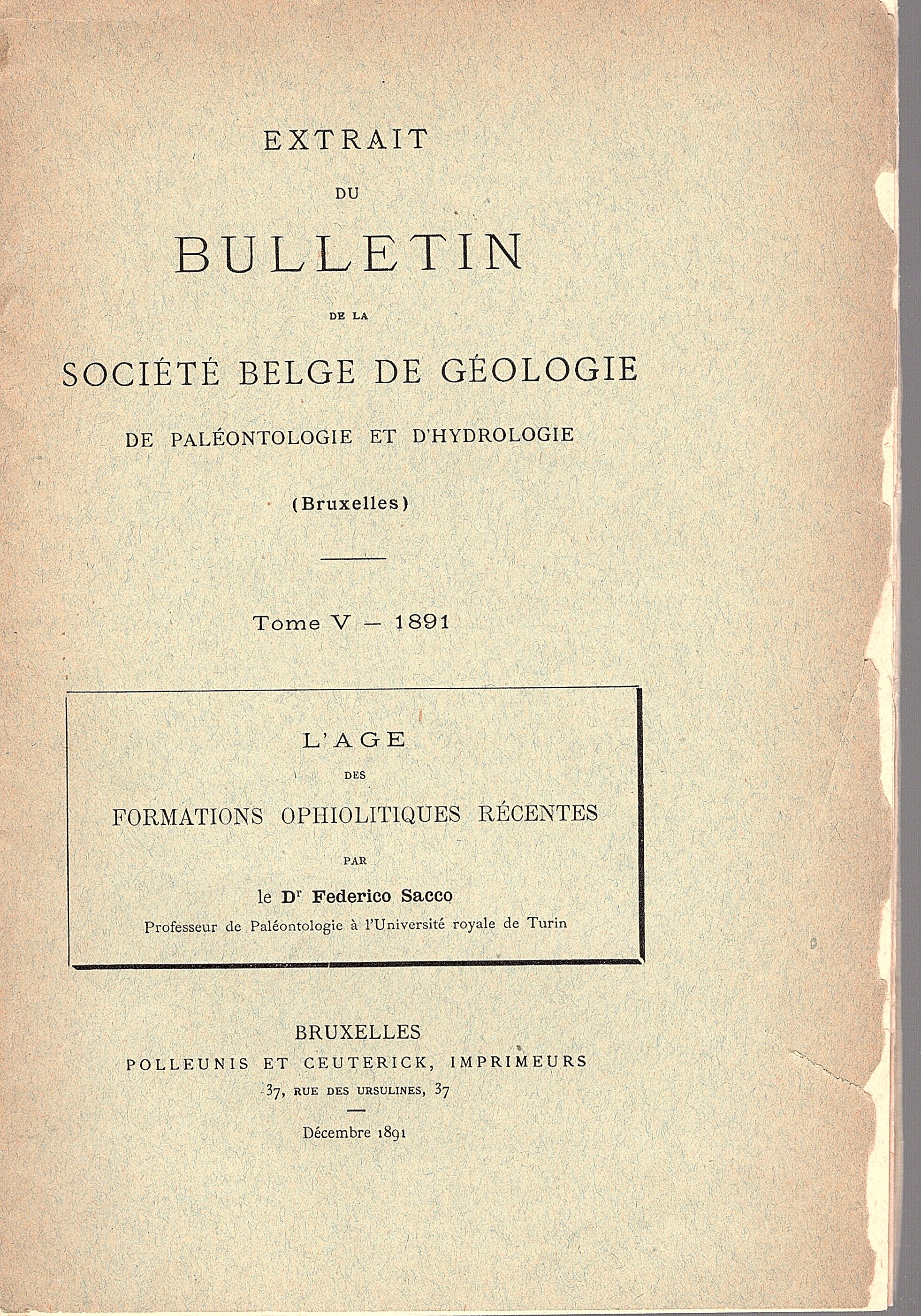 L'age des formations ophiolitiques récentes. Extrait du Bulletin de la …