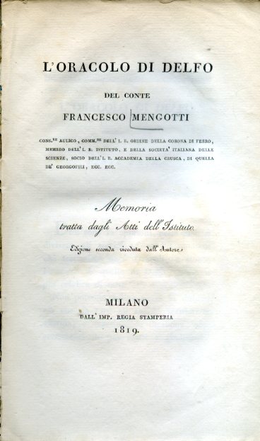 L'Oracolo di Delfo. Memoria tratta dagli Atti dell'Istituto