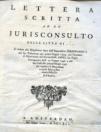 Lettera scritta ad un jurisconsulto della città di. in ordine …