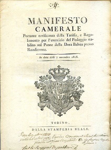 Manifesto Camerale portante notificanza della Tariffa, e Regolamento per l'esercizio …
