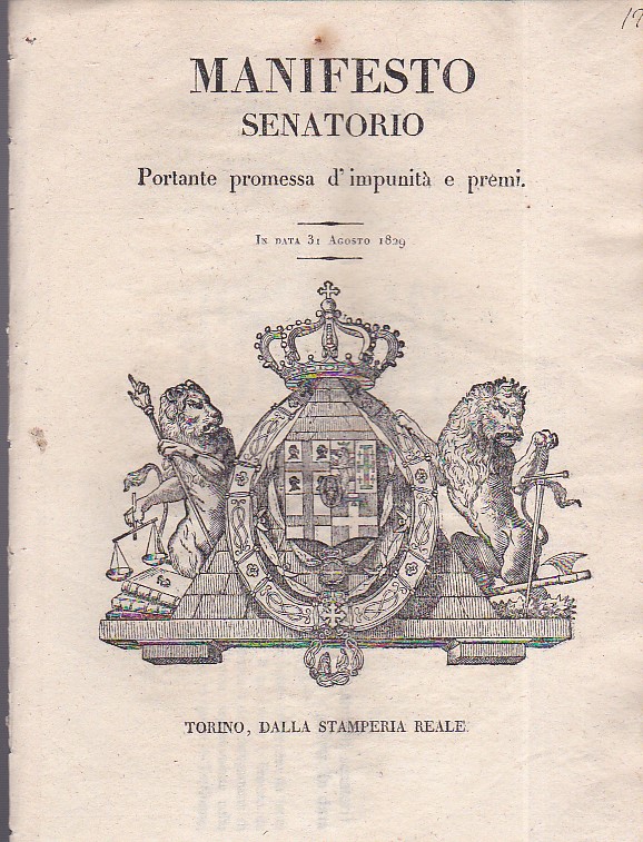 Manifesto senatorio portante promessa d'impunità e premi. In data 31 …