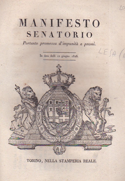 Manifesto senatorio. Portante promessa d'impunità e premi. In data delli …