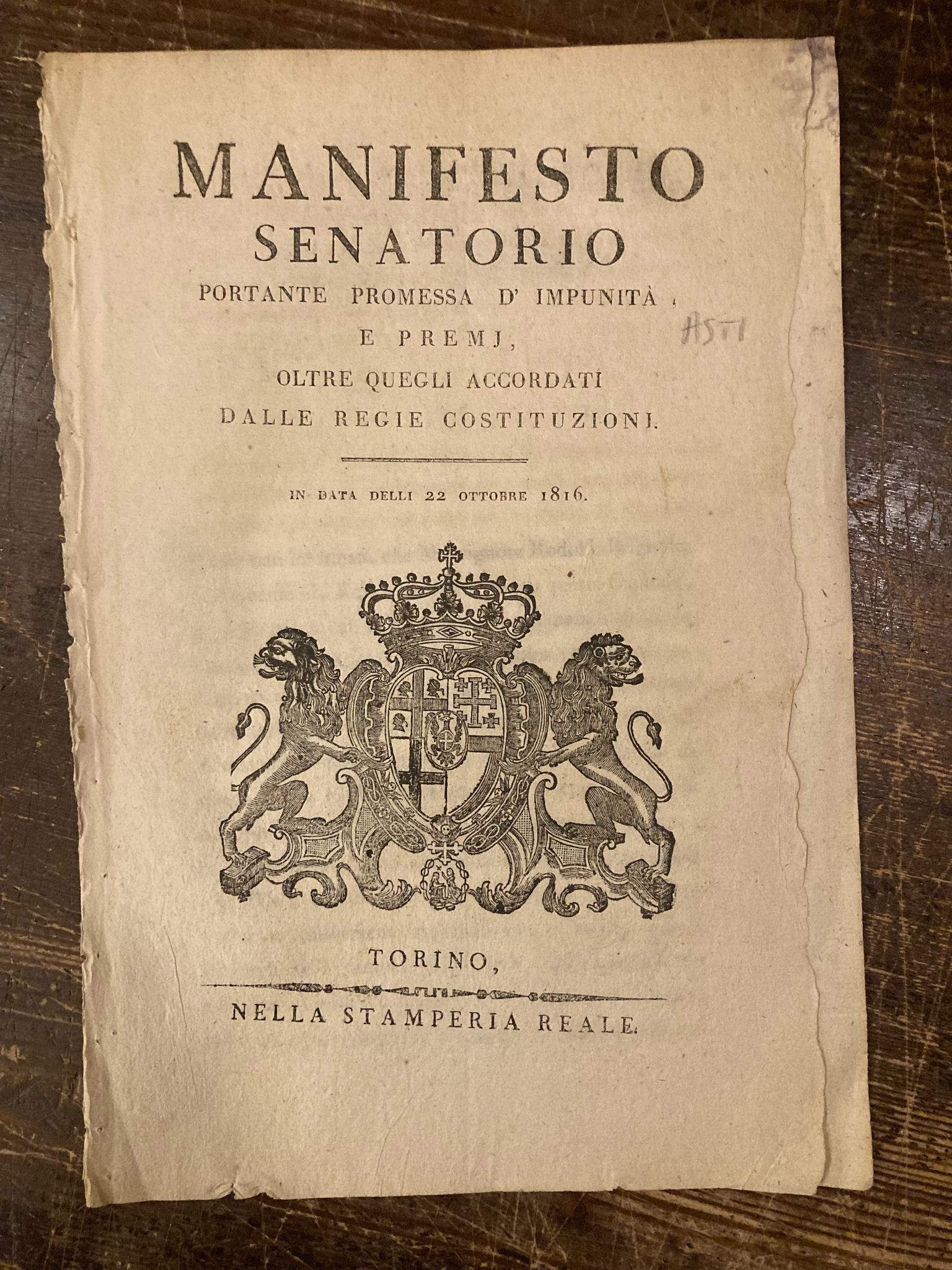 Manifesto Senatorio portante promessa d'impunità, e premj, oltre quelli accordati …