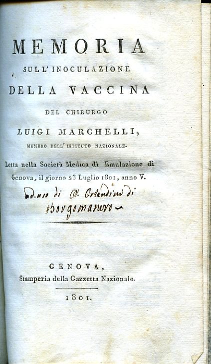 Memoria sull'inoculazione della vaccina. Letta nella Società Medica di Emulazione …