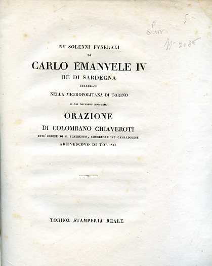 Ne' solenni funerali di Carlo Emanuele IV Re di Sardegna …