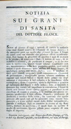 Notizia sui grani di sanità del dottore Franck