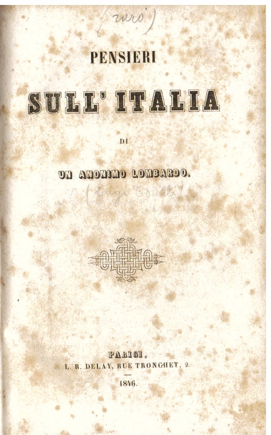 Pensieri sull'Italia di Anonimo Lombardo. Edizione corretta dall'Autore