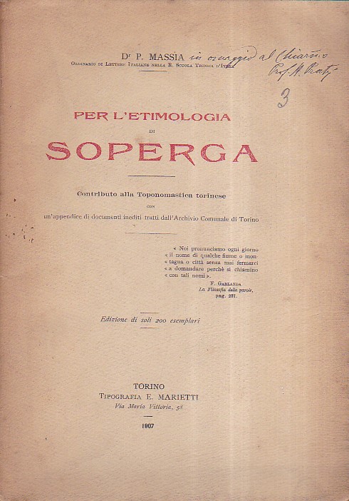 Per l' etimologia di Soperga. Contributo alla Toponomastica torinese con …