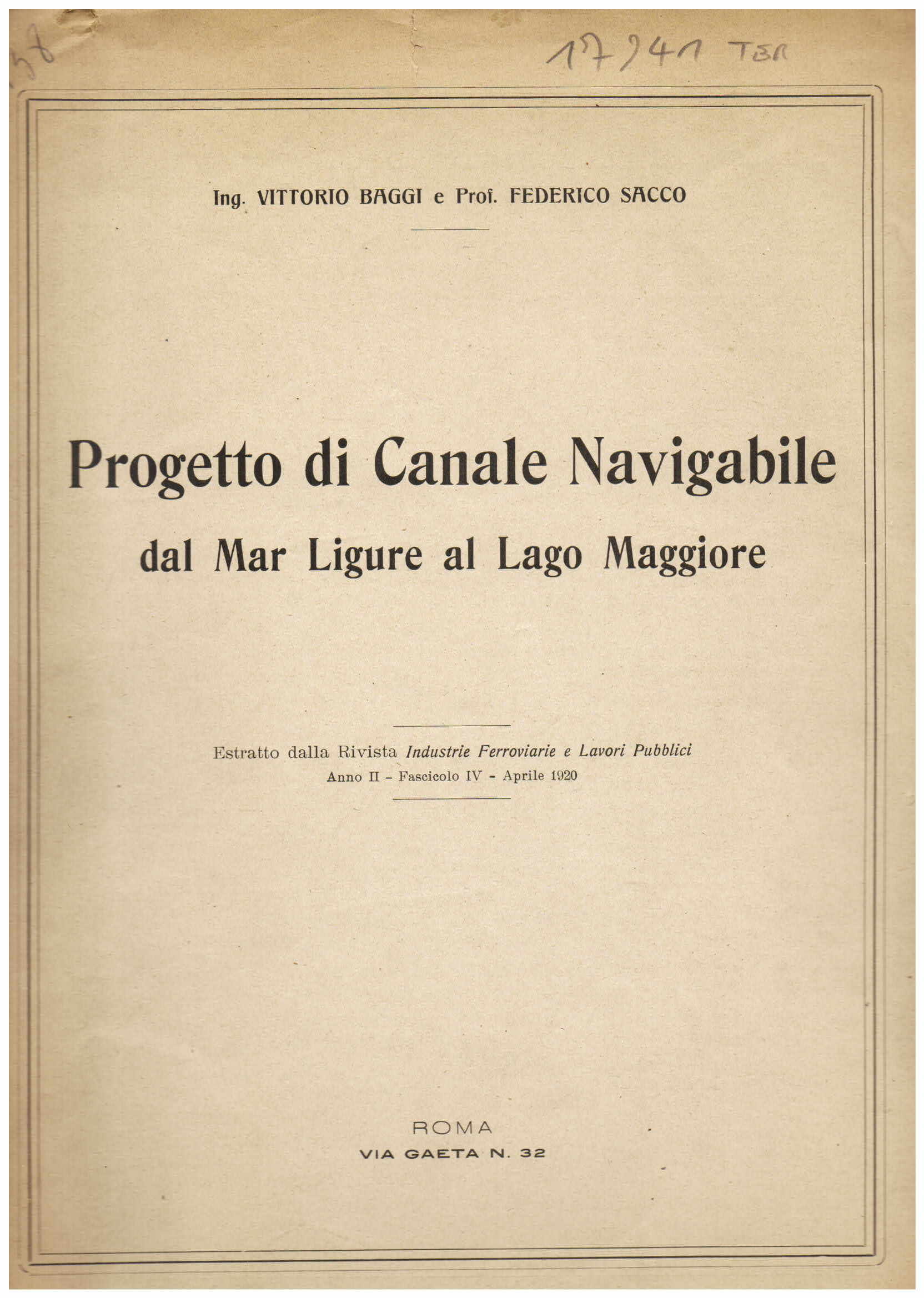 Progetto di Canale Navigabile dal mar Ligure al Lago Maggiore. …