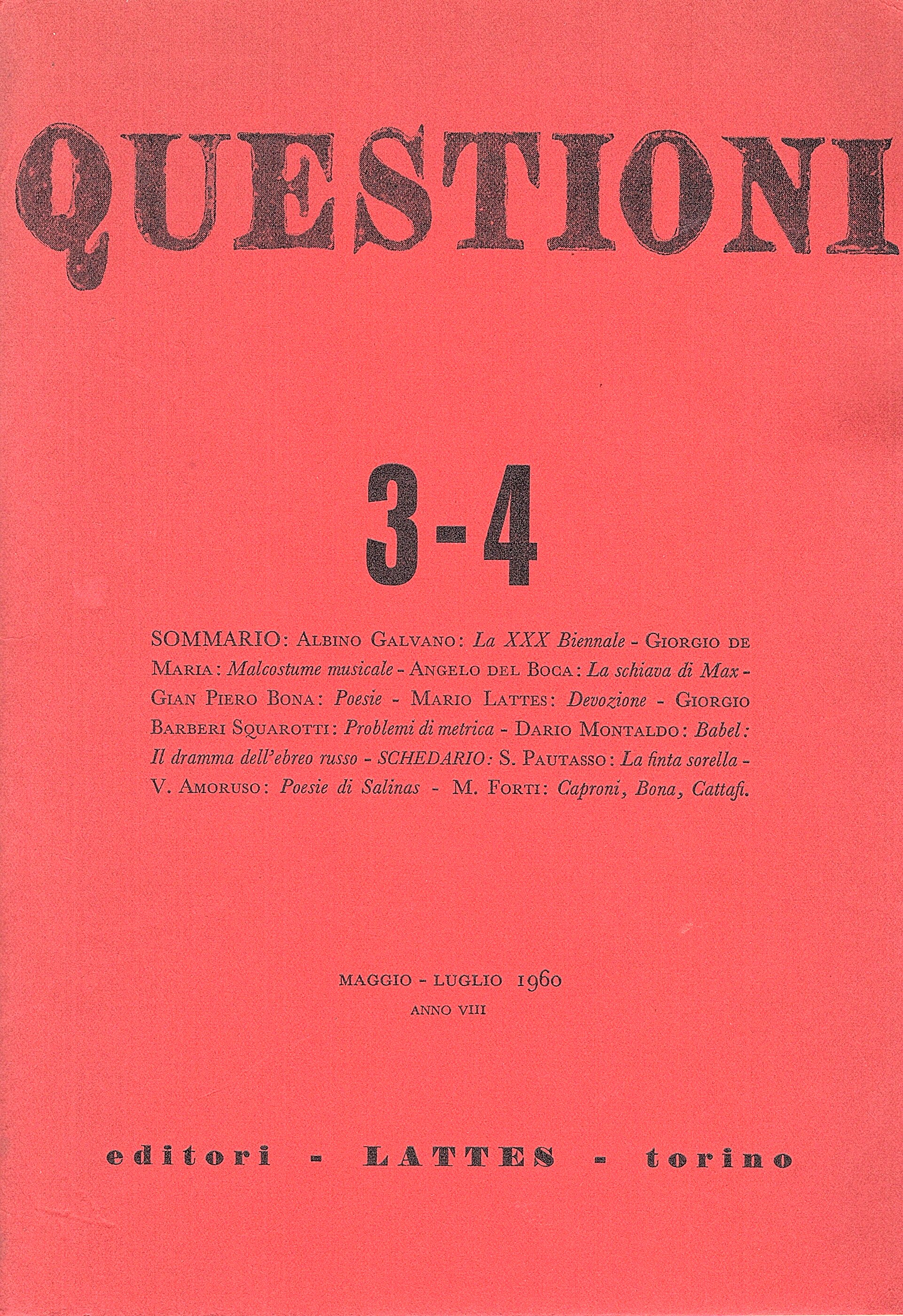 Questioni. Bimestrale di cultura. Nuova serie (1960). NN°3-4