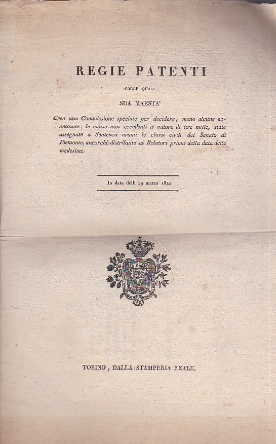Regie Patenti colle quali Sua Maestà crea una Commissione speciale …