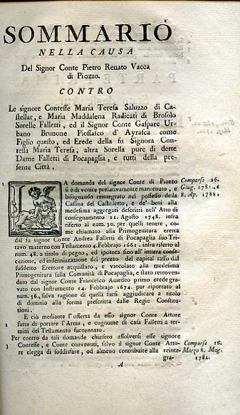 Sommario nella causa del Signor Conte Pietro Renato Vacca di …