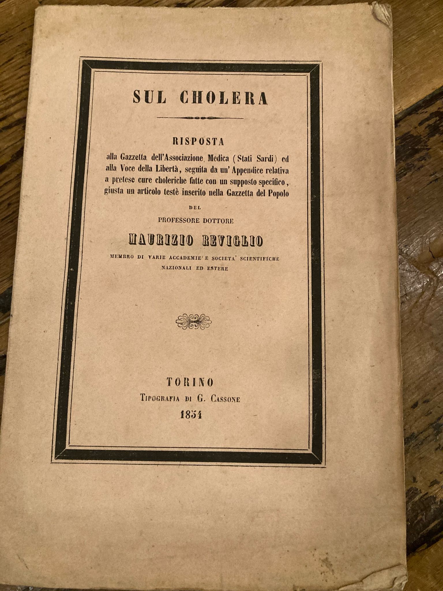 Sul Cholera risposta alla Gazzetta dell' Associazione Medica (Stati Sardi) …