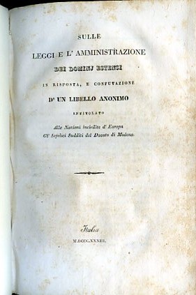 Sulle leggi e l'amministrazione dei Dominj Estensi in risposta, e …