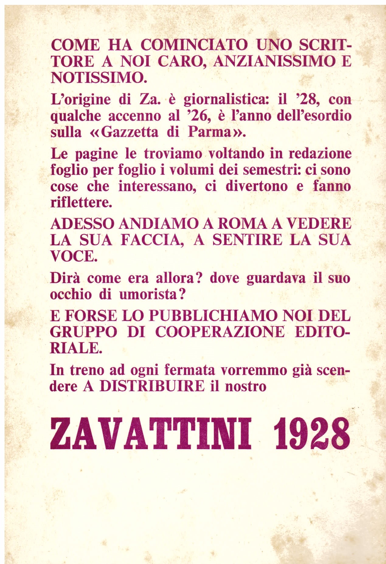 Zavattini 1928. Corsivi per la 'Gazzetta di Parma'. Proposta di …