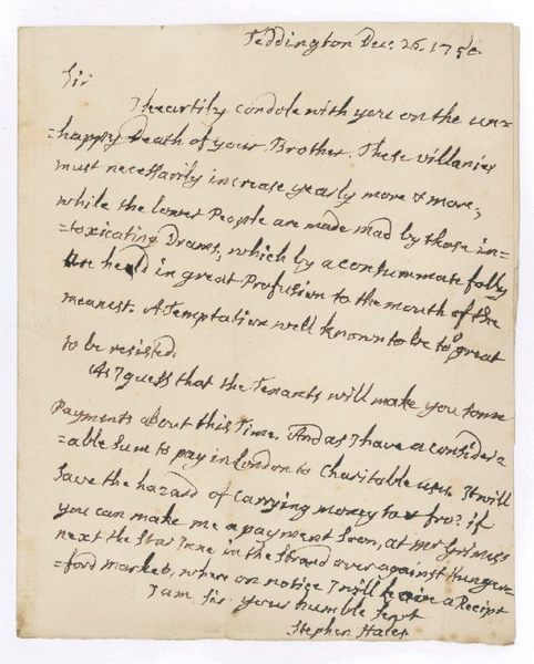 Autograph letter signed ("Stephen Hales").