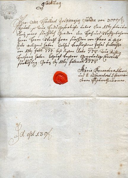 Eigenh. Quittung mit U. der späteren Oberin Maria Bernadina von …