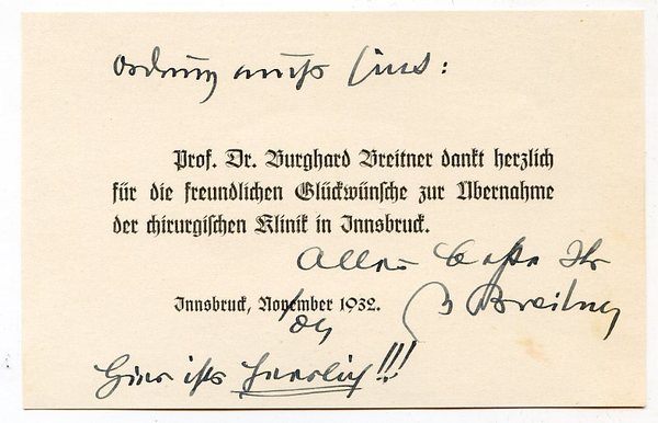 Gedr. Dankeskarte mit einigen eigenh. Anmerkungen und U.