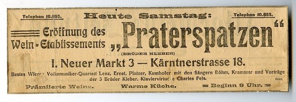 Gedr. Anzeige zur Eröffnung des Wein-Etablissements "Praterspatzen" am Neuen Markt …