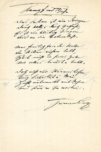 Kampf und Mühe. Eigenh. Gedicht (12 Zeilen) mit einigen Begleitzeilen …