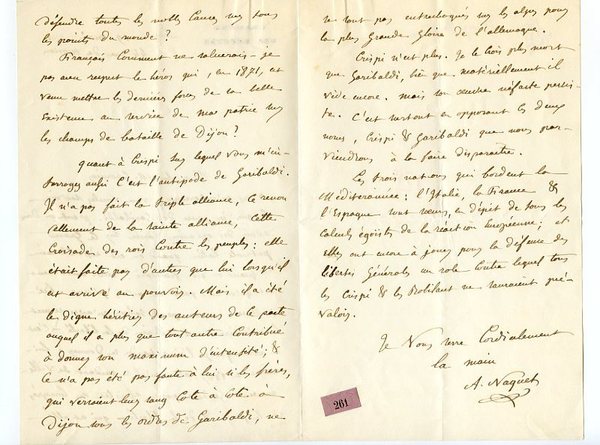 Autograph letter signed ("A. Naquet").