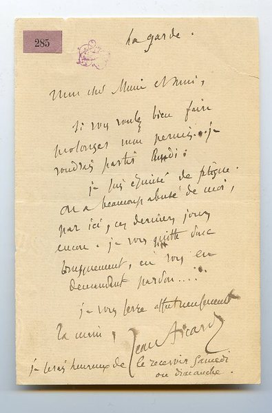 Eigenh. Brief mit U. ("Jean Aicard").