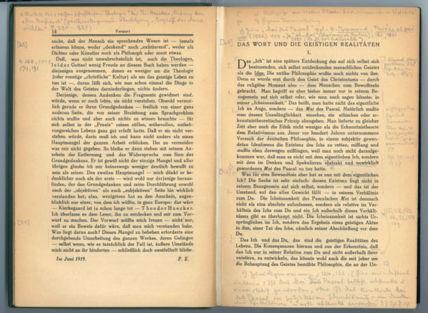 Eigenh. Anmerkungen mit eh. Besitzvermerk in: Ferdinand Ebner. Das Wort …