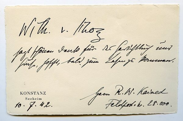 Eigenh. Briefkarte mit Namenszug in der Eingangszeile.